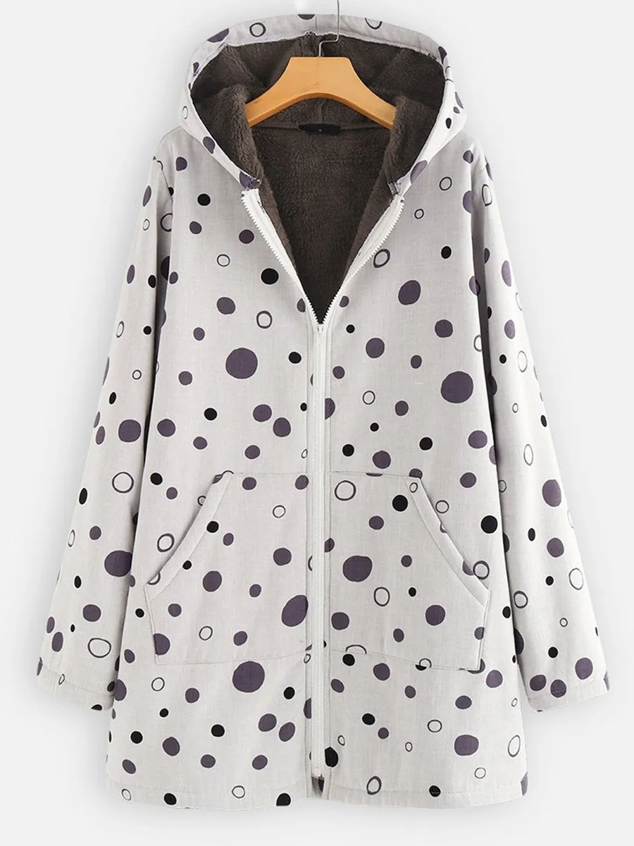 Dotted Hooded Zipper In Long Flannel Ladies Coat