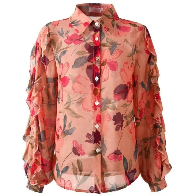 DressBetty - New Vintage Women Shirts Print Full Sleeve Loose Chiffon Thin Port Western Style Flavor Blouse Shirt Pink Blouse