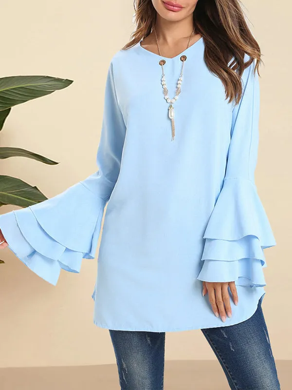 Flared Sleeves Loose Hollow Layered V-Neck Blouses&Shirts Tops