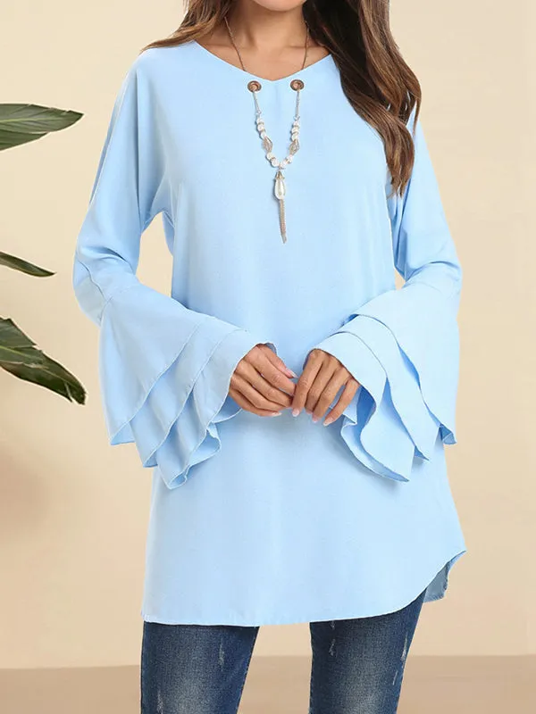 Flared Sleeves Loose Hollow Layered V-Neck Blouses&Shirts Tops