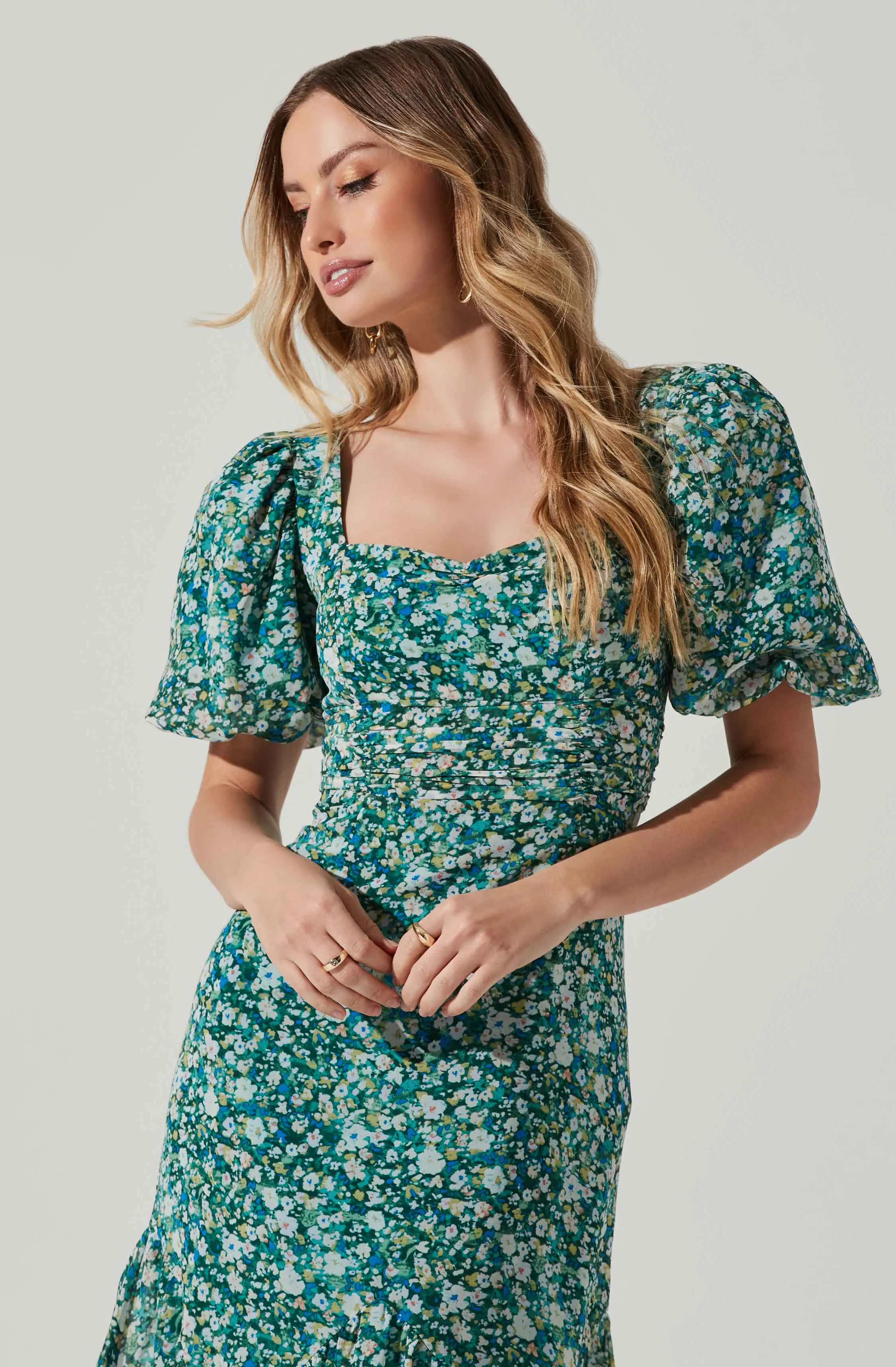 Floral Short Sleeve Asymmetrical Hem Midi Dress