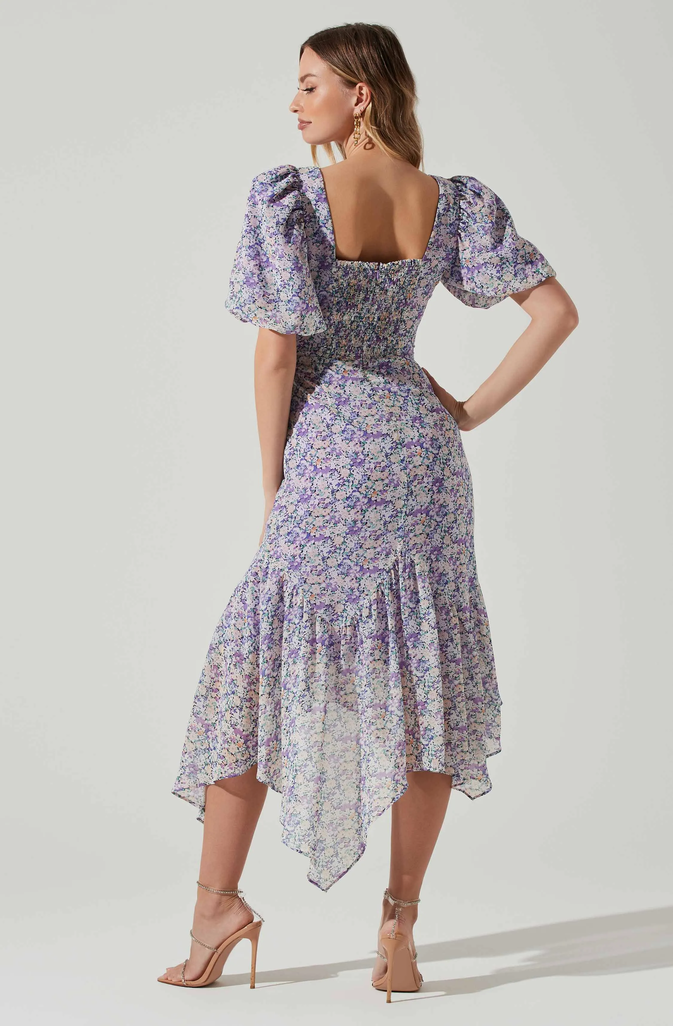 Floral Short Sleeve Asymmetrical Hem Midi Dress