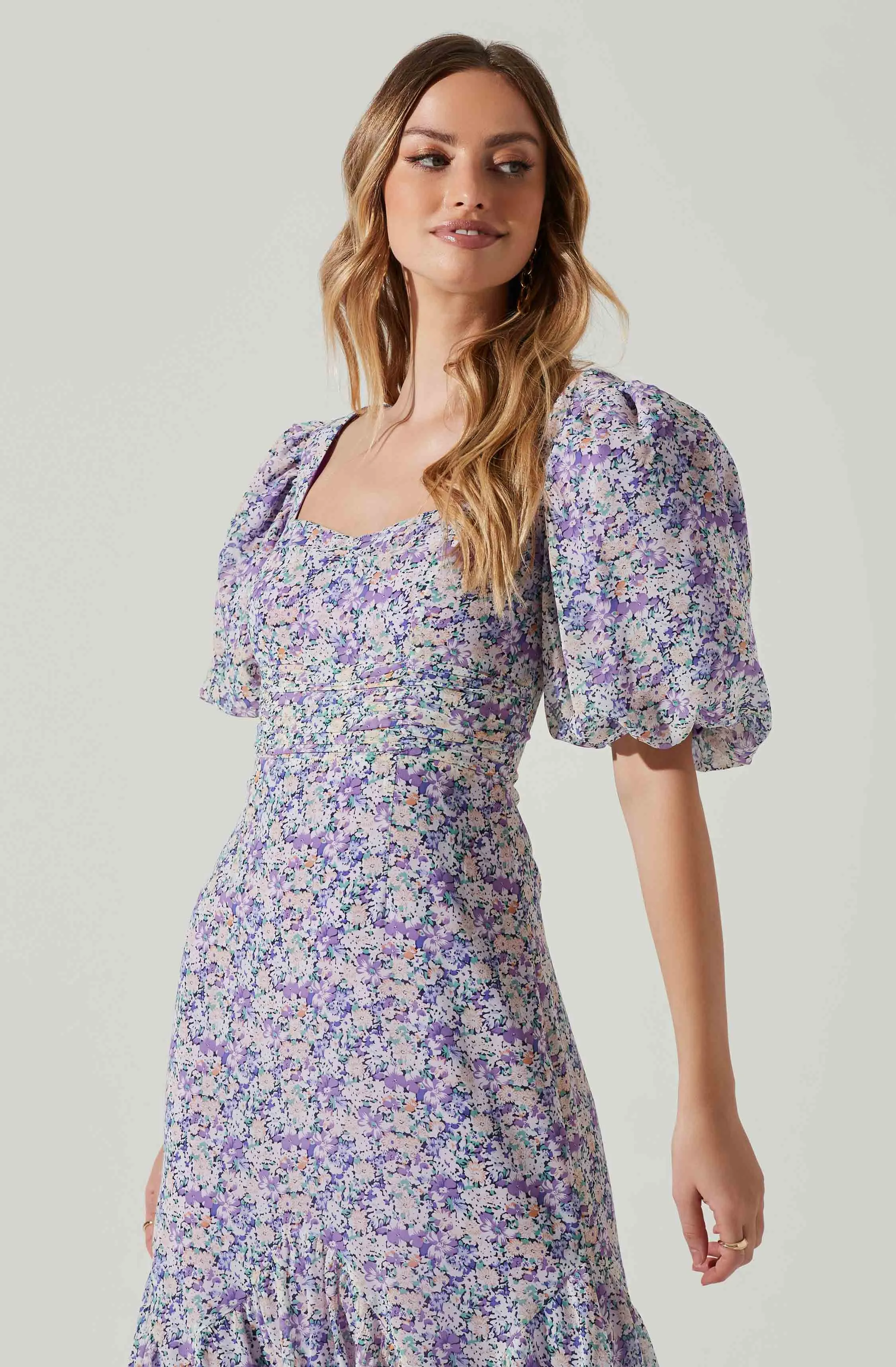 Floral Short Sleeve Asymmetrical Hem Midi Dress