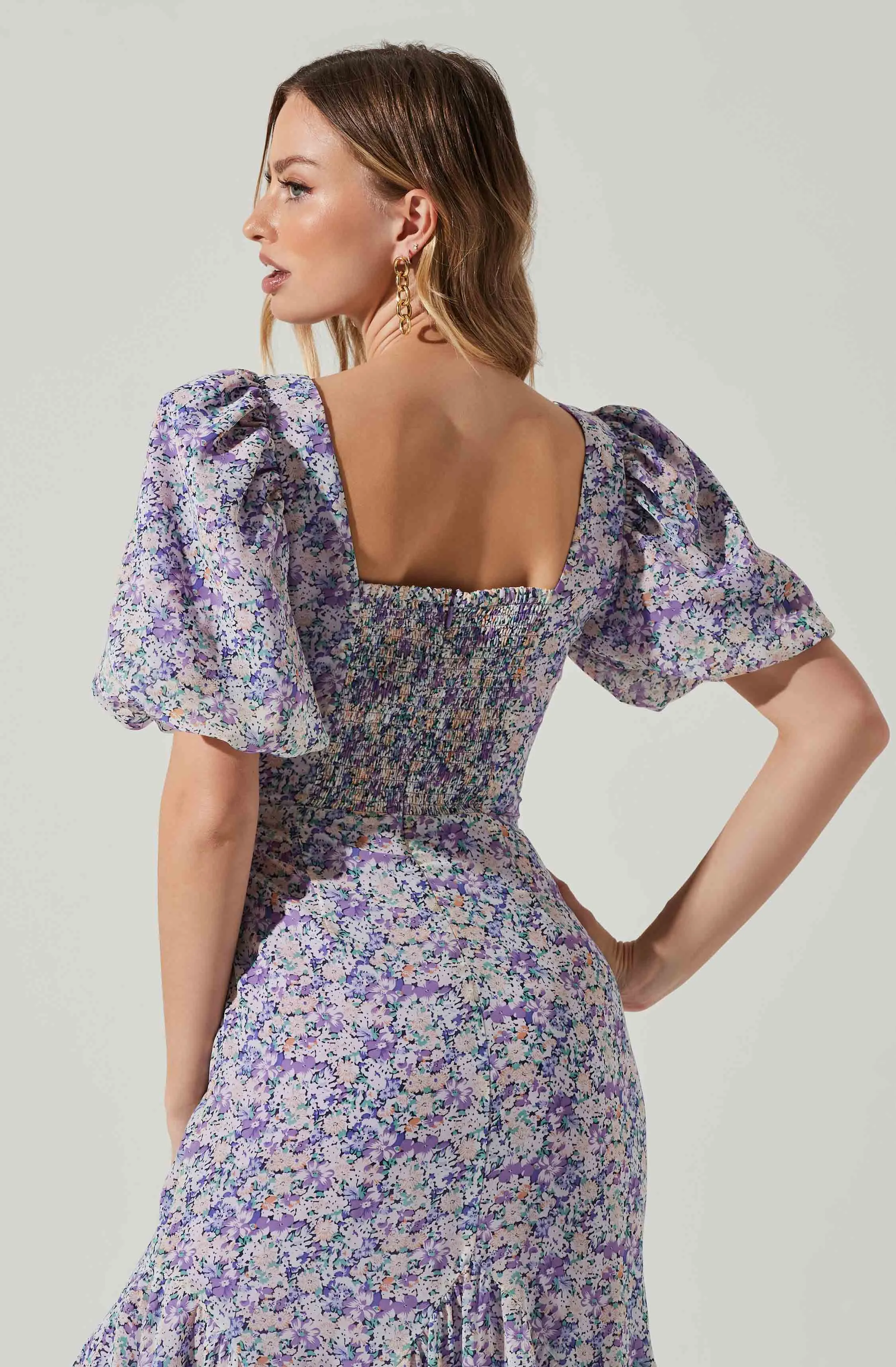 Floral Short Sleeve Asymmetrical Hem Midi Dress