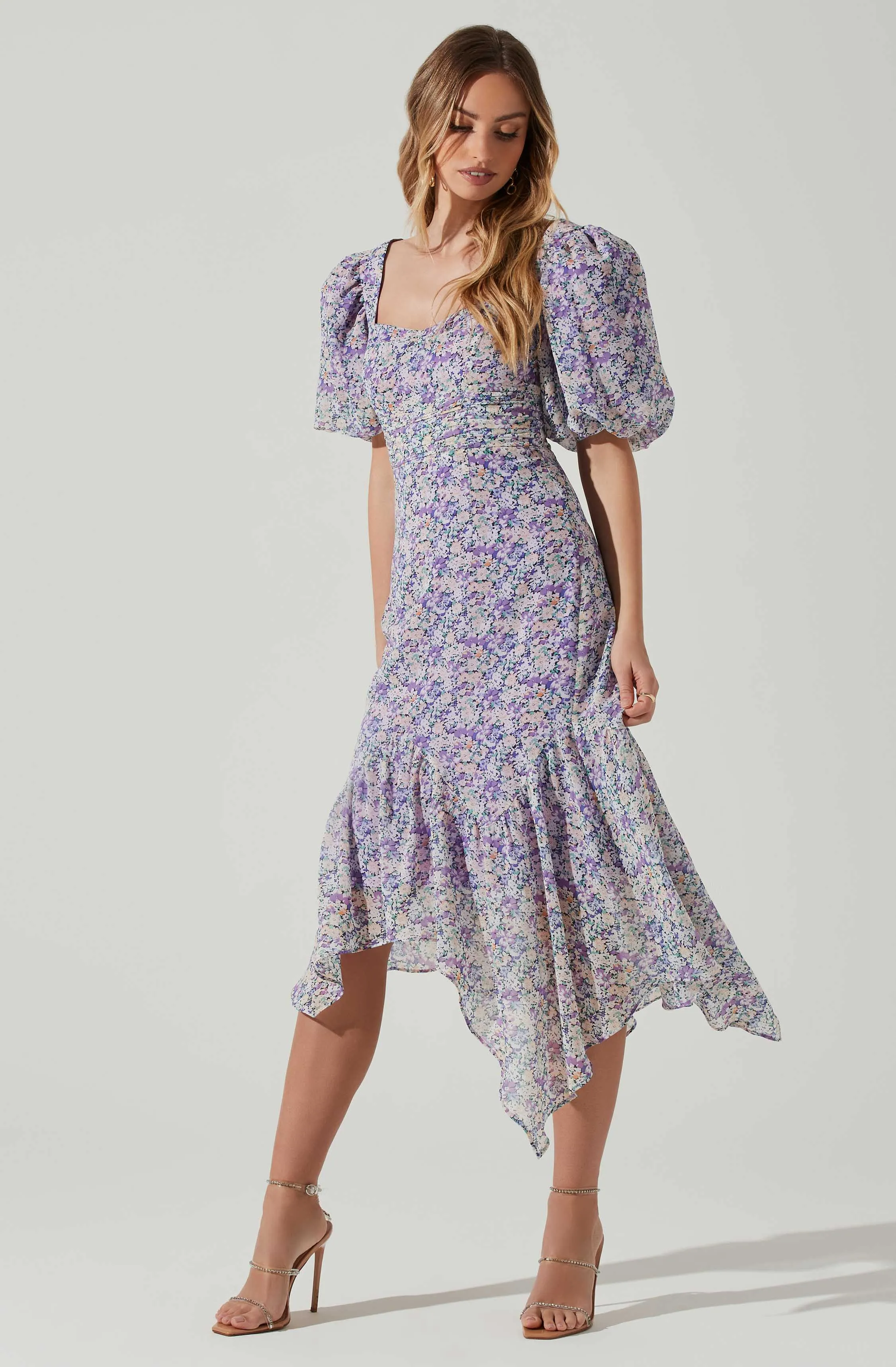 Floral Short Sleeve Asymmetrical Hem Midi Dress