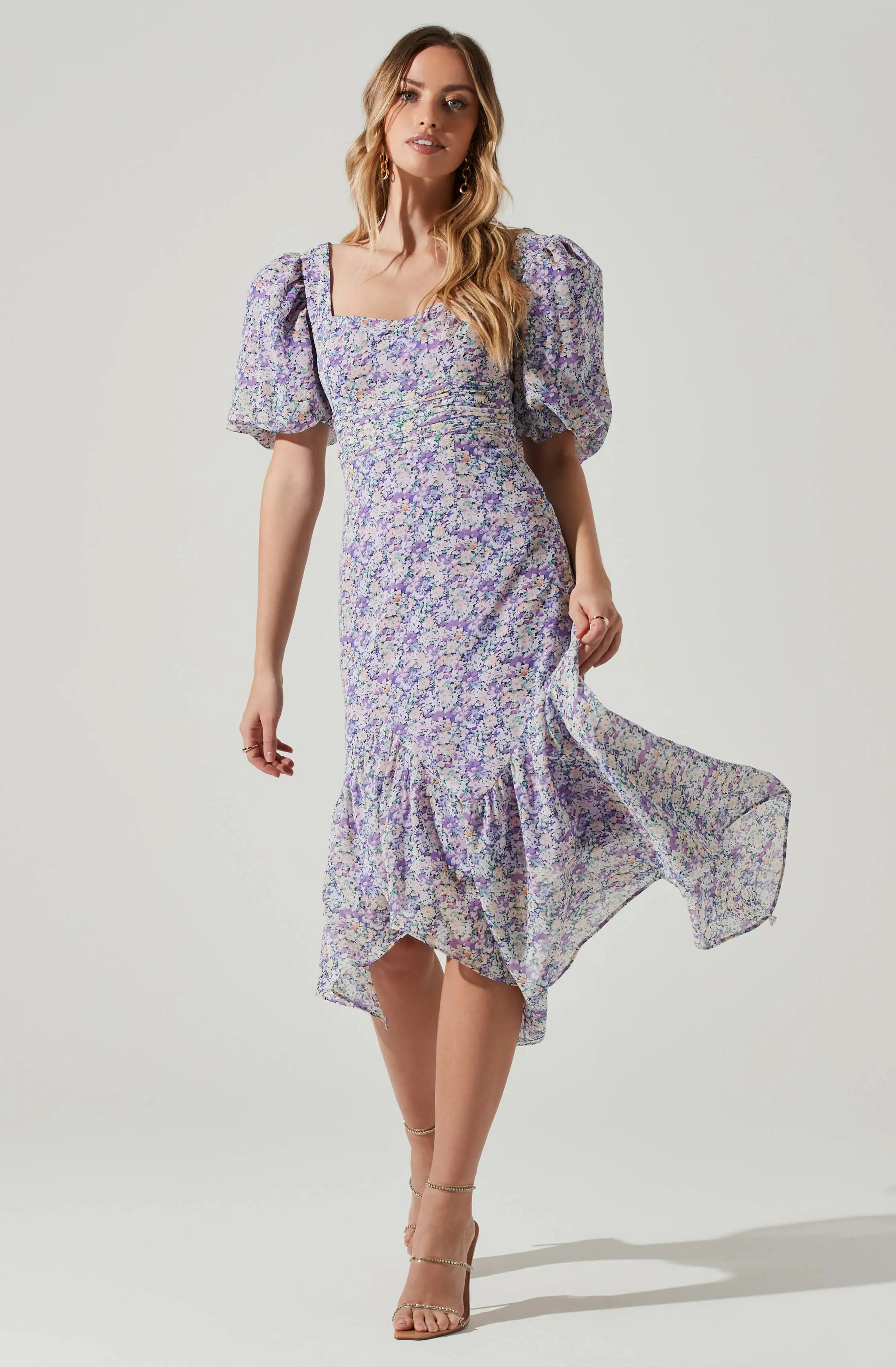 Floral Short Sleeve Asymmetrical Hem Midi Dress