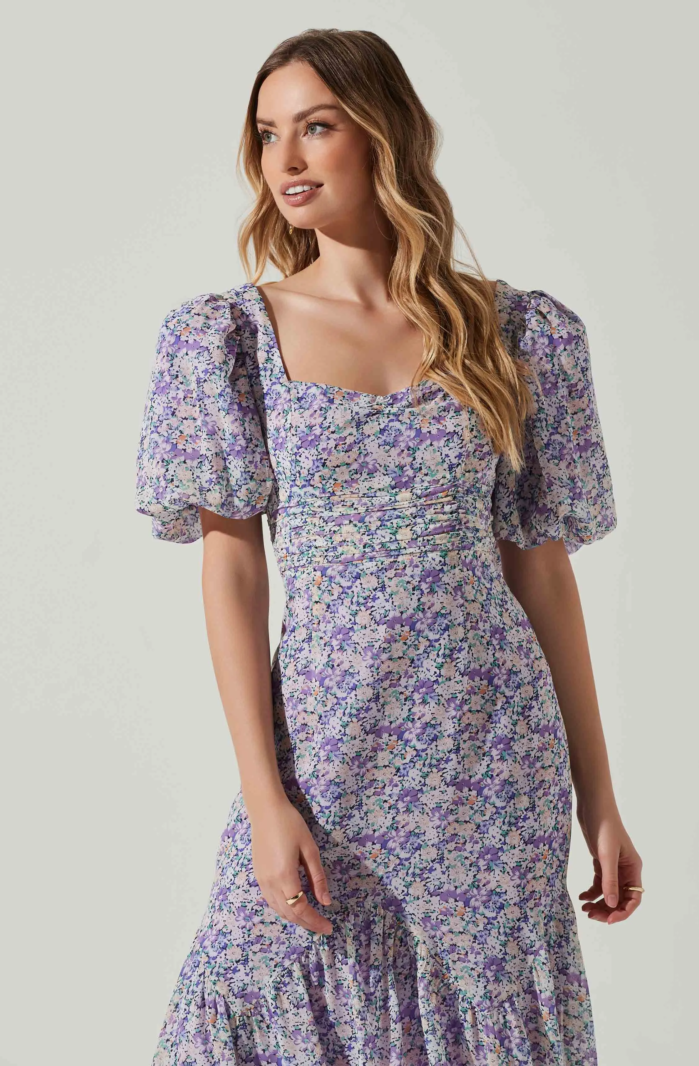 Floral Short Sleeve Asymmetrical Hem Midi Dress