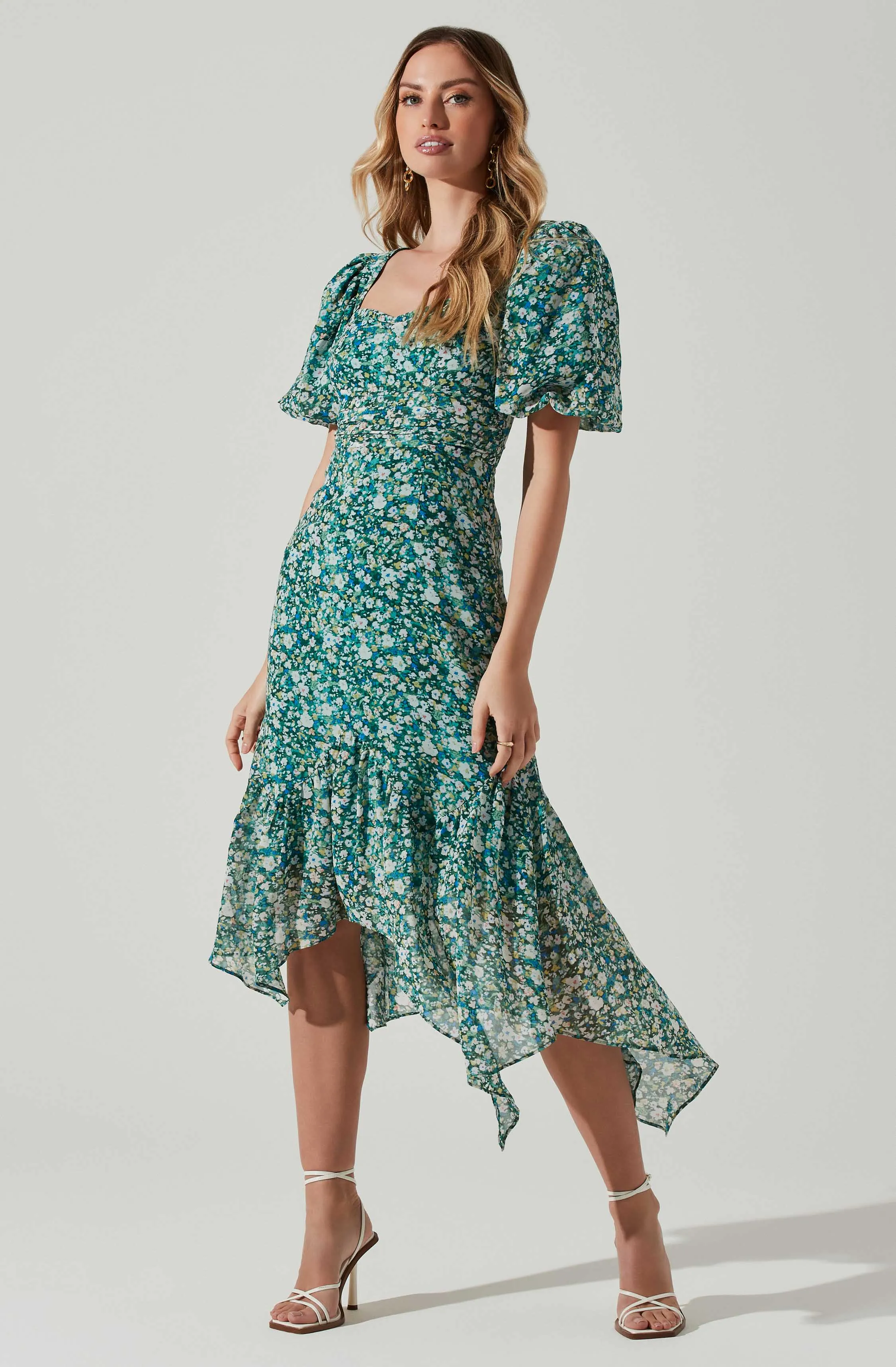 Floral Short Sleeve Asymmetrical Hem Midi Dress