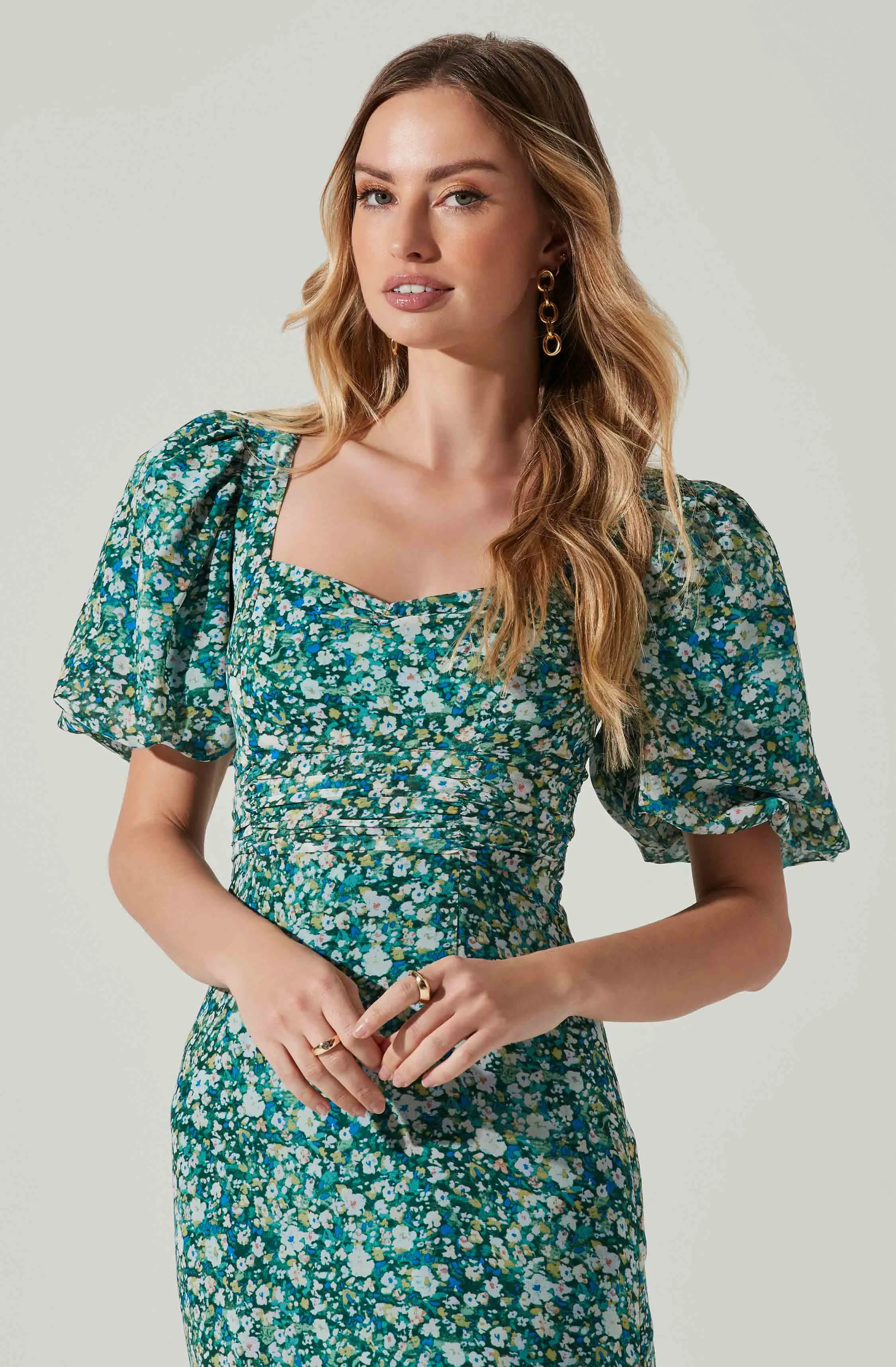 Floral Short Sleeve Asymmetrical Hem Midi Dress