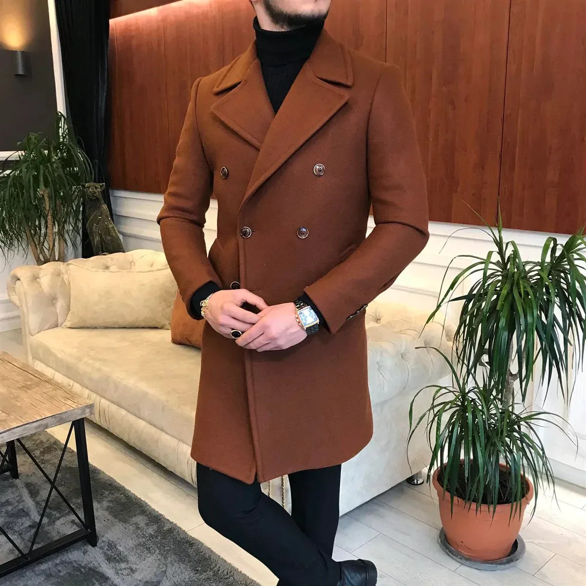 Frost Slim Fit Brown Double Breasted Wool Coat by ITALIAN VEGA®