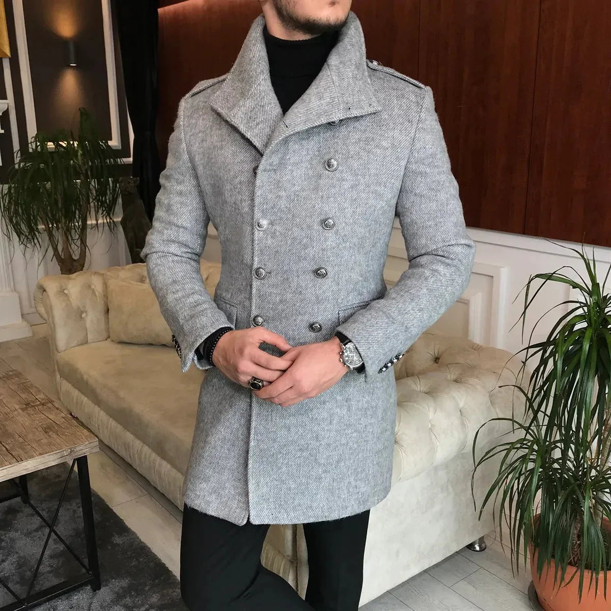 Frost Slim Fit Grey Double Breasted Wool Coat by ITALIAN VEGA®