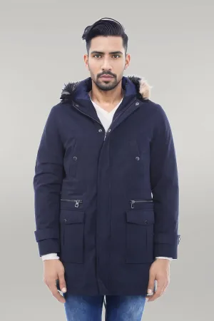 Fur Hooded Navy Blue Men Coat - Wessi