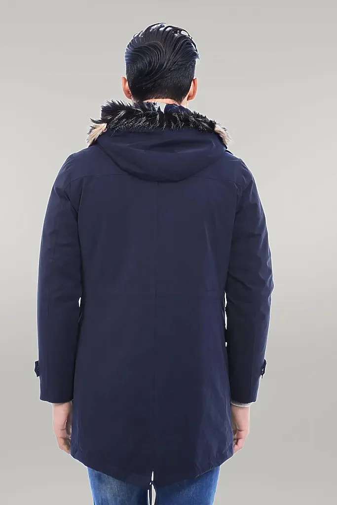 Fur Hooded Navy Blue Men Coat - Wessi