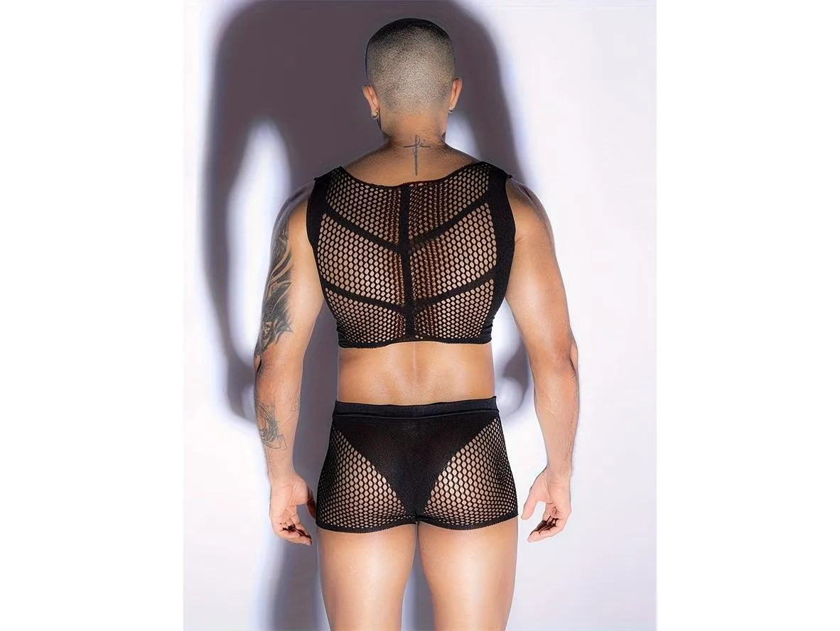 Gay Bodystockings | Clubwear 2pcs Set Fishnet Hollow Sleeveless Slim Tight Tops   Underpants