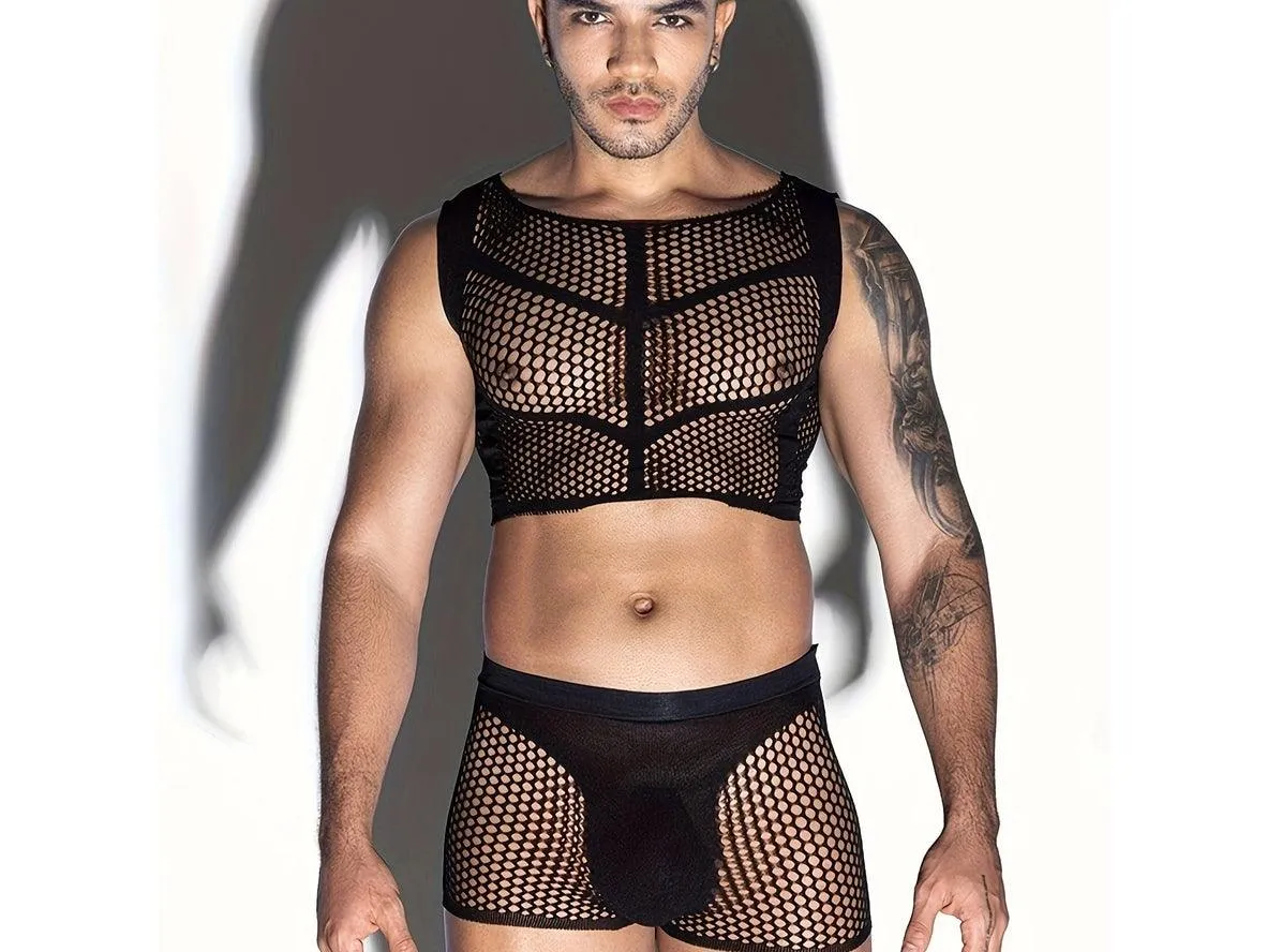 Gay Bodystockings | Clubwear 2pcs Set Fishnet Hollow Sleeveless Slim Tight Tops   Underpants