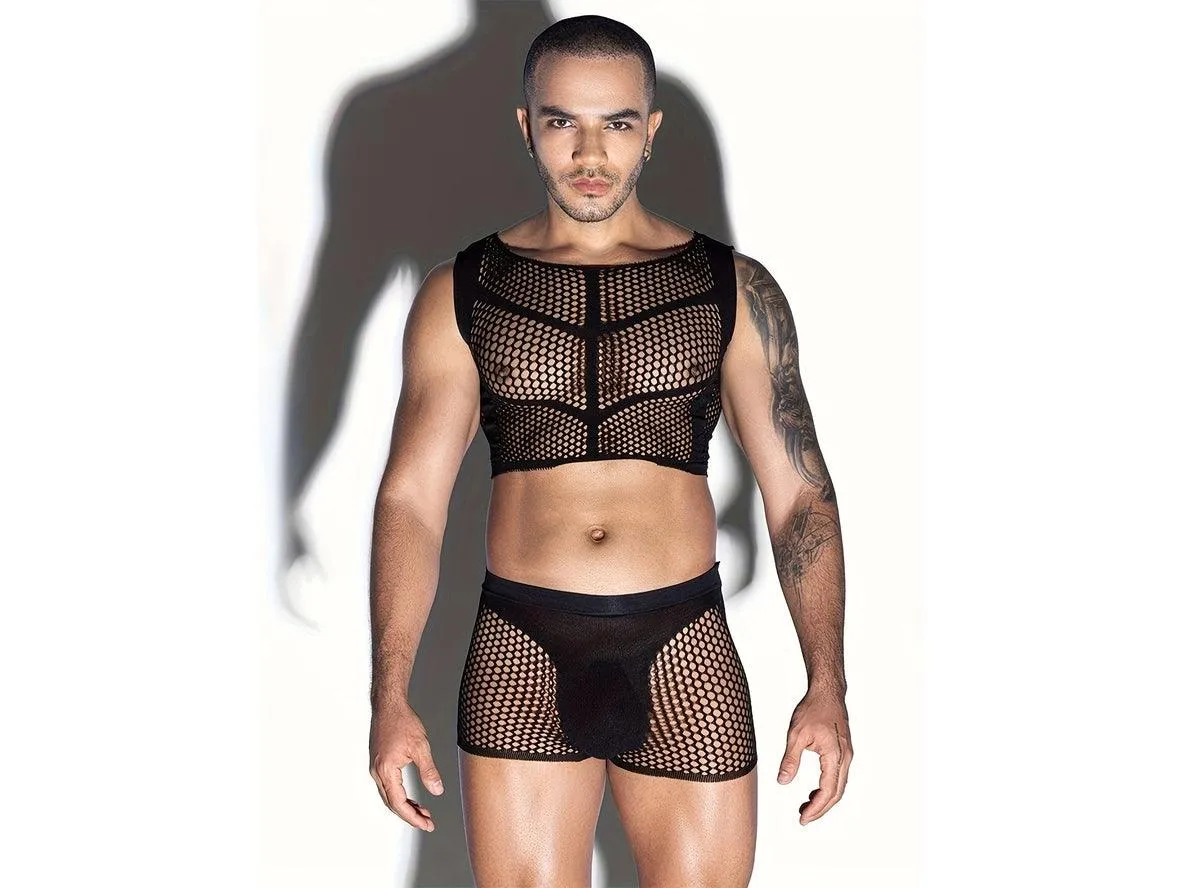 Gay Bodystockings | Clubwear 2pcs Set Fishnet Hollow Sleeveless Slim Tight Tops   Underpants