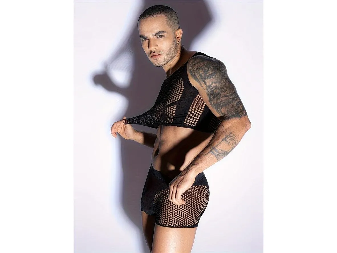 Gay Bodystockings | Clubwear 2pcs Set Fishnet Hollow Sleeveless Slim Tight Tops   Underpants