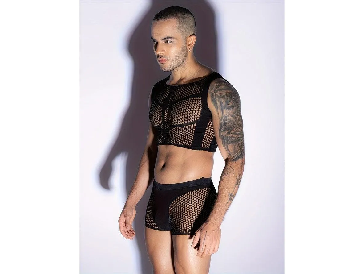 Gay Bodystockings | Clubwear 2pcs Set Fishnet Hollow Sleeveless Slim Tight Tops   Underpants