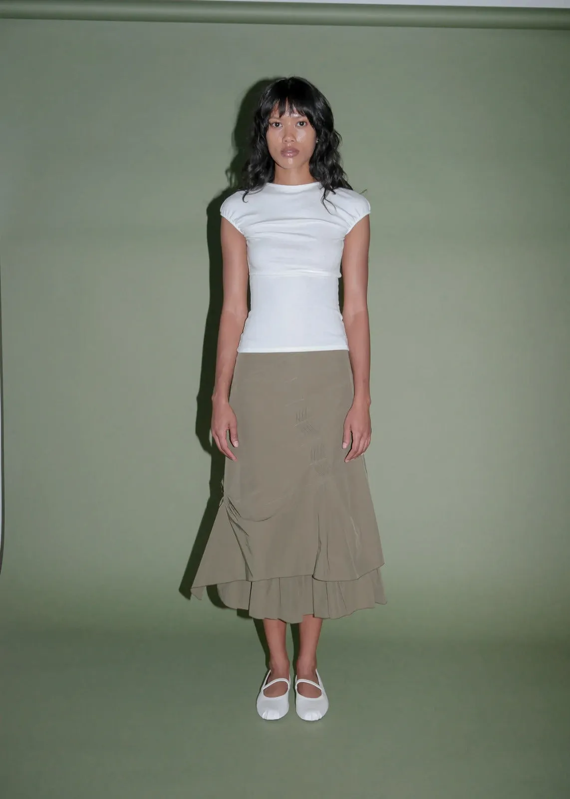 Chic Olive Green Geel Prima Midi Skirt - Stylish and Versatile