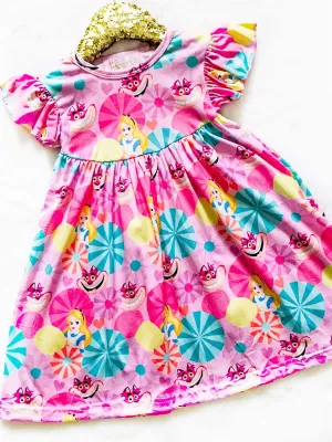 Girls Fun Character Dresses - Wonderland Smile Cat | Pink