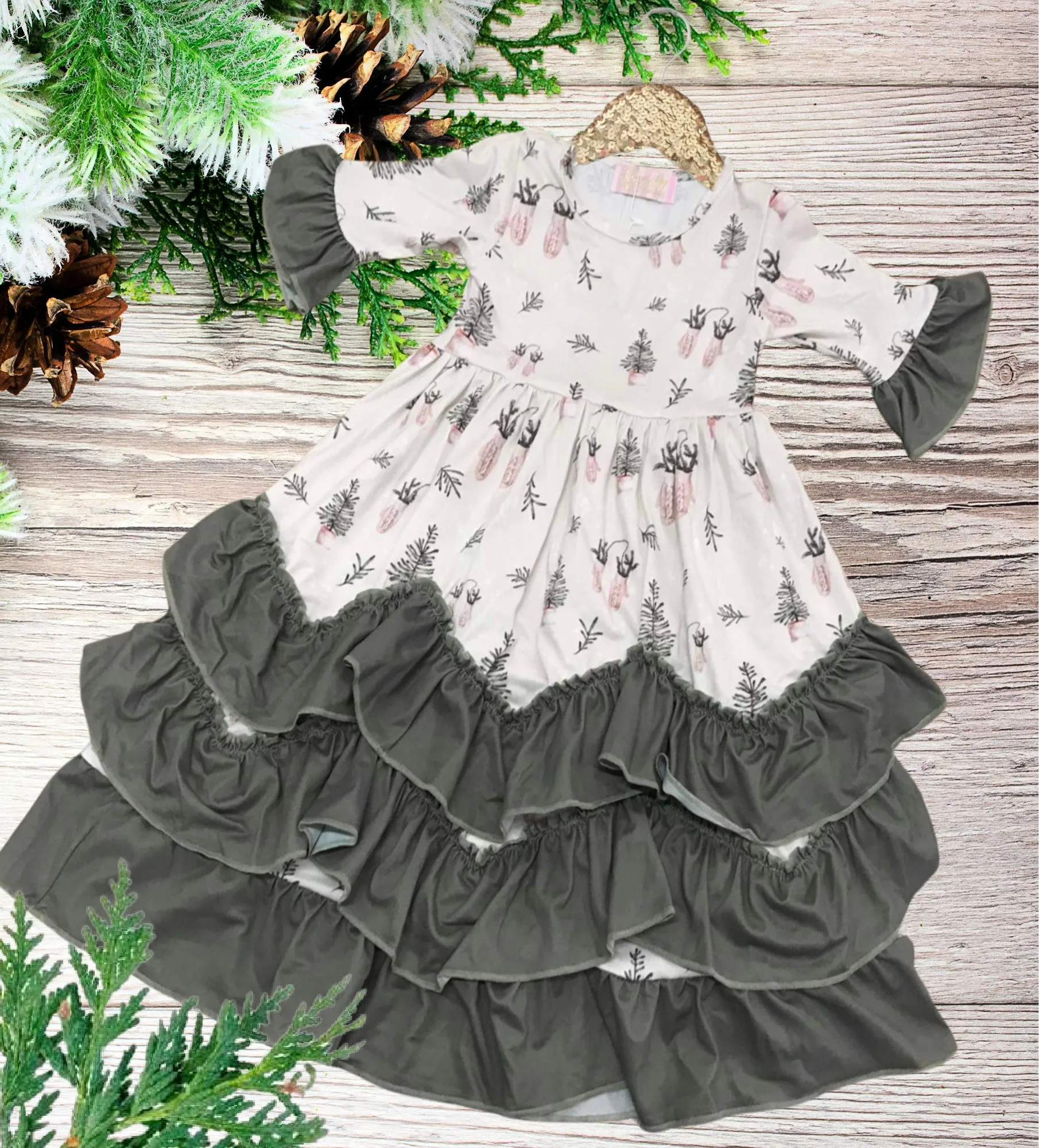 Girls Long Ruffle Holiday/Christmas  Dresses - Blush & Green Mitts