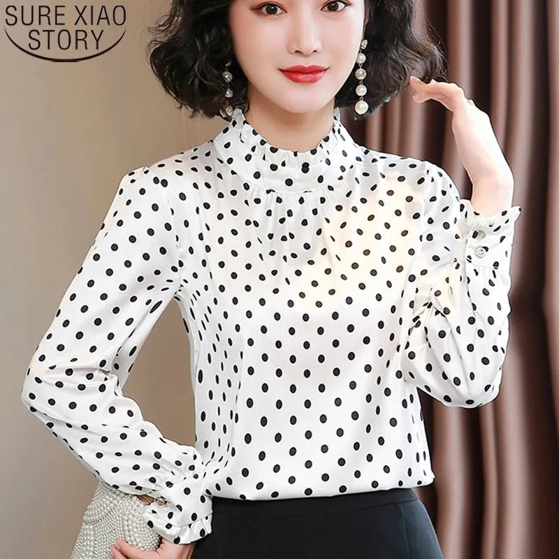 Graduation Gifts  Women Blouses Casual Stand Collar Autumn Fashion Women Shirts Blouses Long Sleeve Polka Dot Women Tops  Fashion Blusas 10589