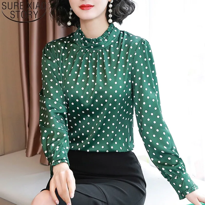 Graduation Gifts  Women Blouses Casual Stand Collar Autumn Fashion Women Shirts Blouses Long Sleeve Polka Dot Women Tops  Fashion Blusas 10589