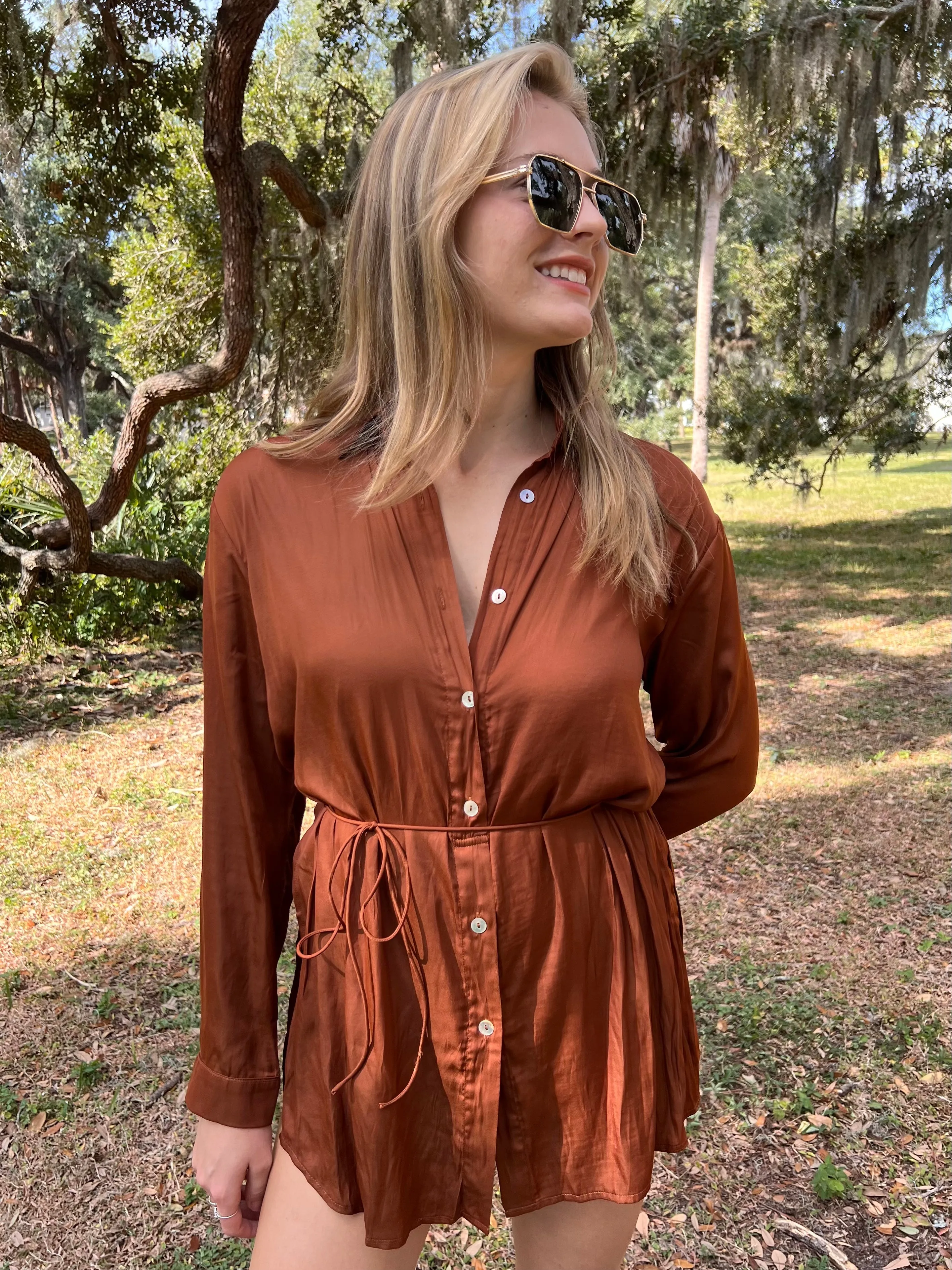 HUNTER SHIRT ROMPER IN CAMEL