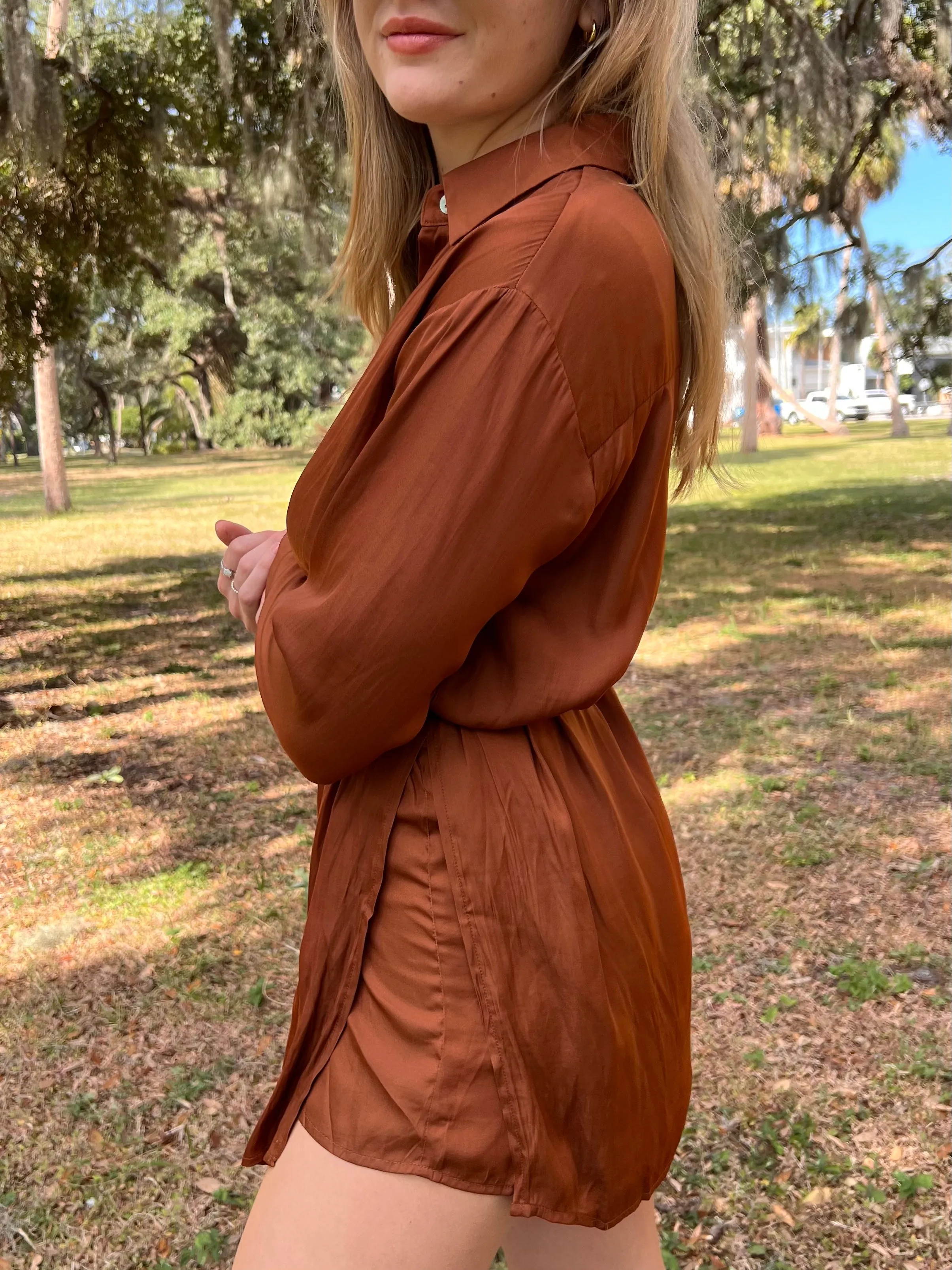 HUNTER SHIRT ROMPER IN CAMEL