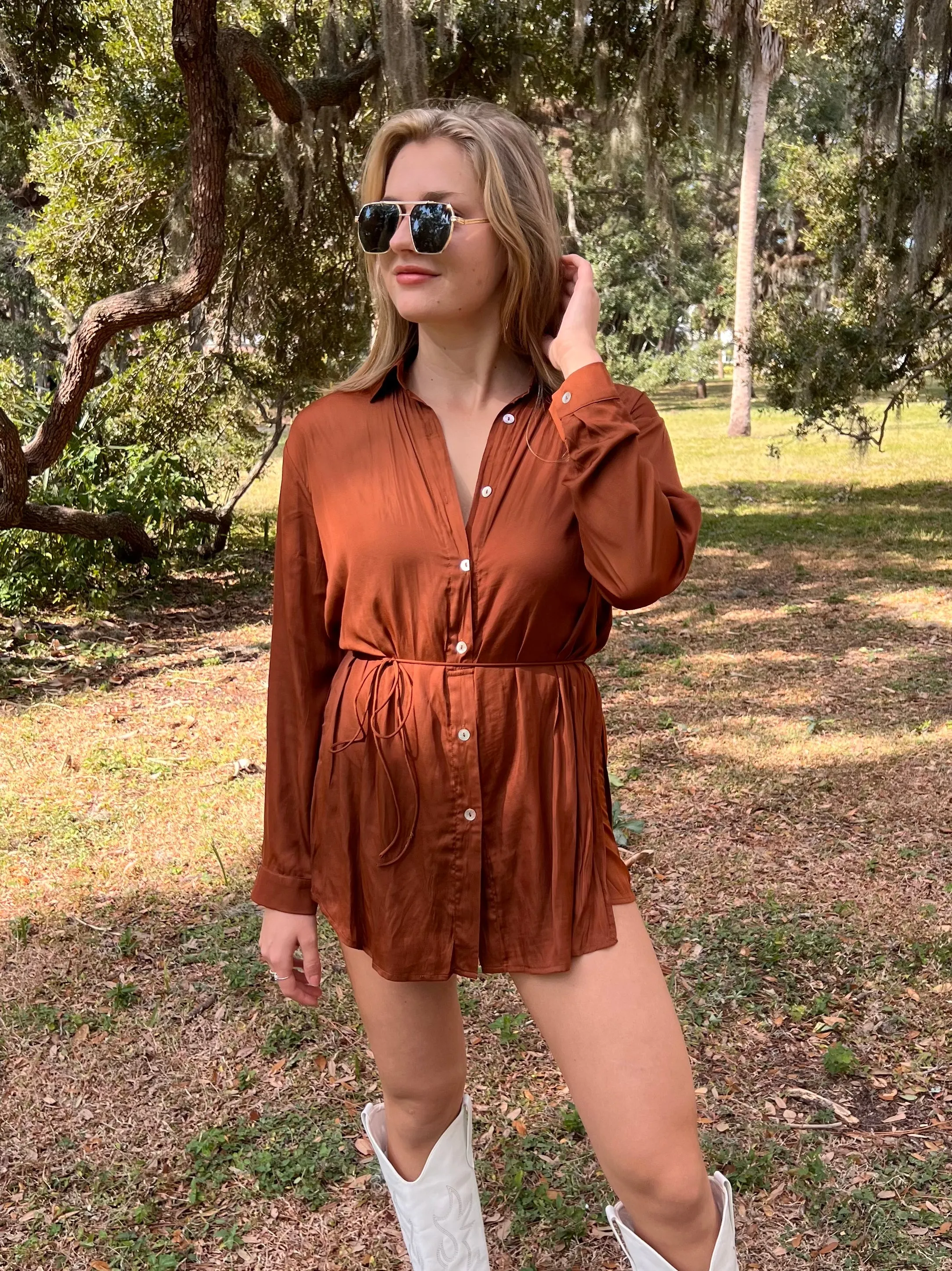 HUNTER SHIRT ROMPER IN CAMEL