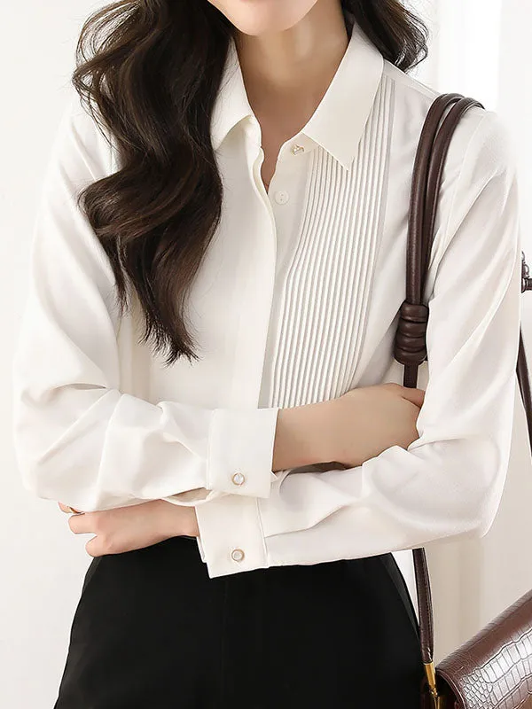 Long Sleeves Loose Buttoned Pleated Solid Color Lapel Blouses&Shirts Tops