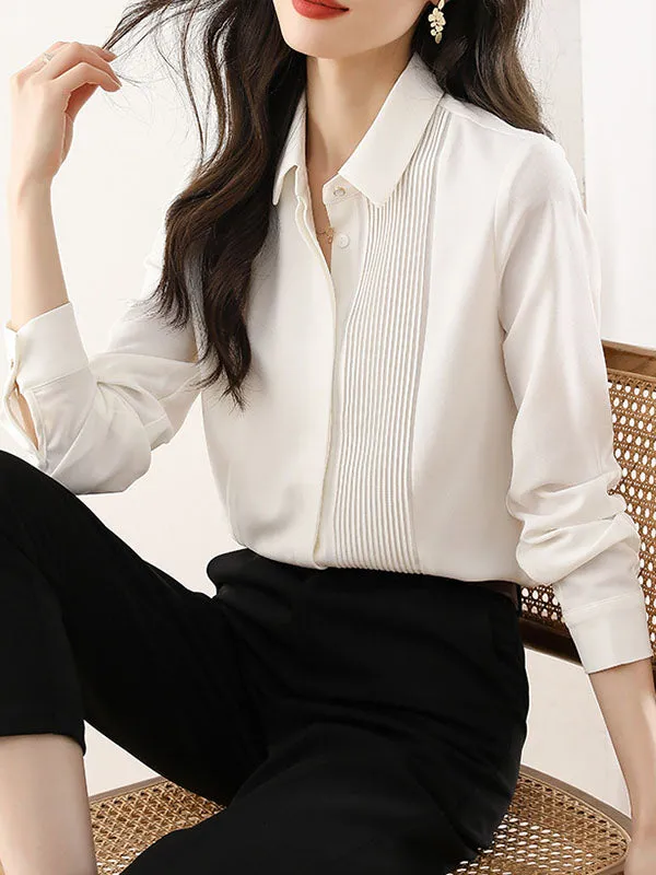 Long Sleeves Loose Buttoned Pleated Solid Color Lapel Blouses&Shirts Tops