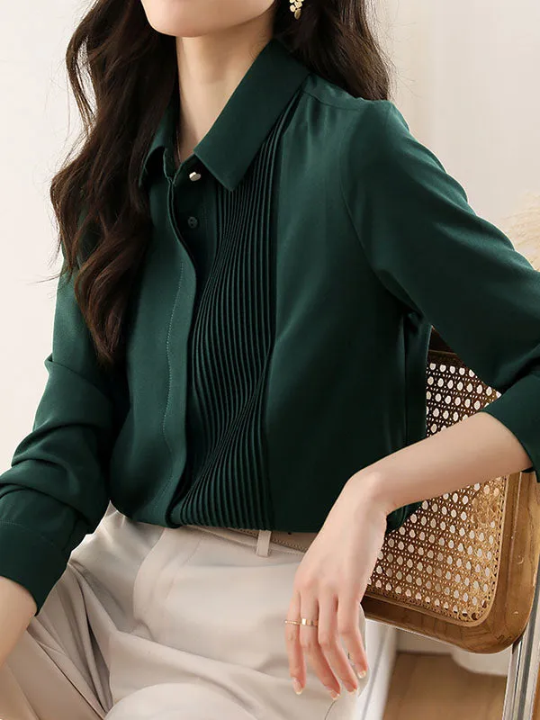 Long Sleeves Loose Buttoned Pleated Solid Color Lapel Blouses&Shirts Tops