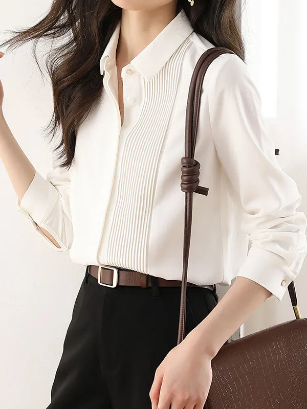 Long Sleeves Loose Buttoned Pleated Solid Color Lapel Blouses&Shirts Tops