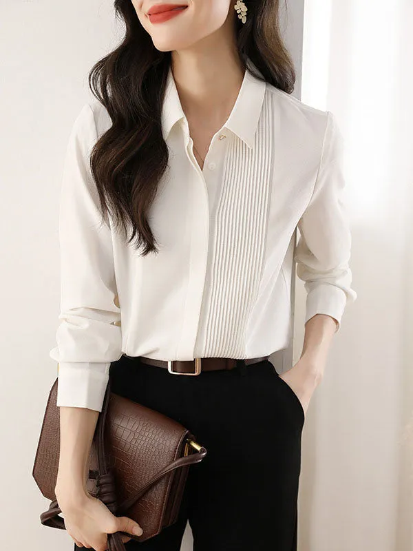 Long Sleeves Loose Buttoned Pleated Solid Color Lapel Blouses&Shirts Tops