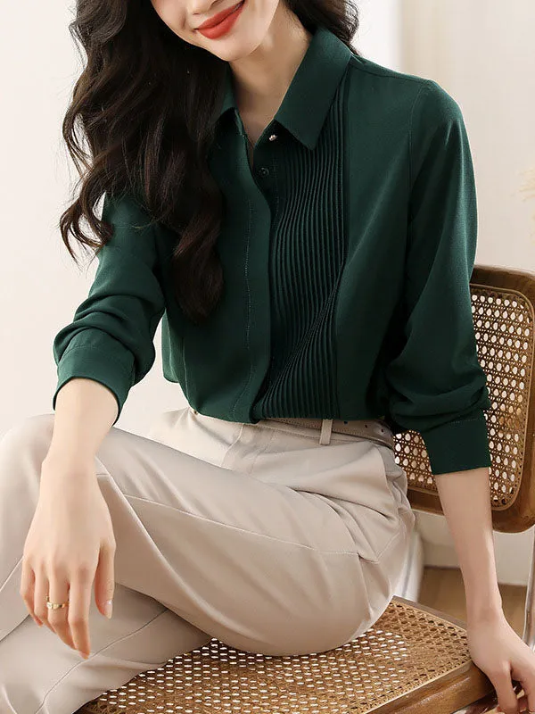 Long Sleeves Loose Buttoned Pleated Solid Color Lapel Blouses&Shirts Tops