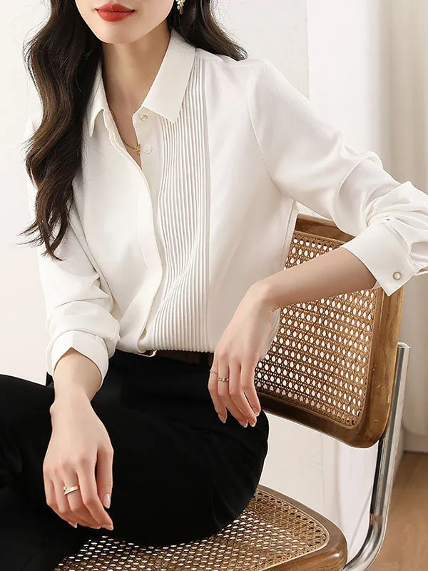 Long Sleeves Loose Buttoned Pleated Solid Color Lapel Blouses&Shirts Tops