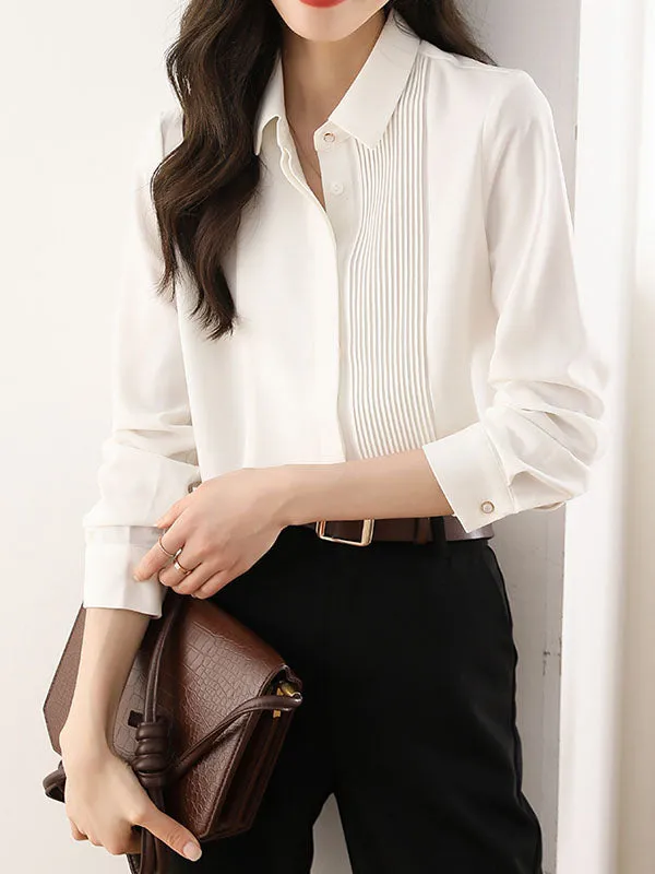 Long Sleeves Loose Buttoned Pleated Solid Color Lapel Blouses&Shirts Tops