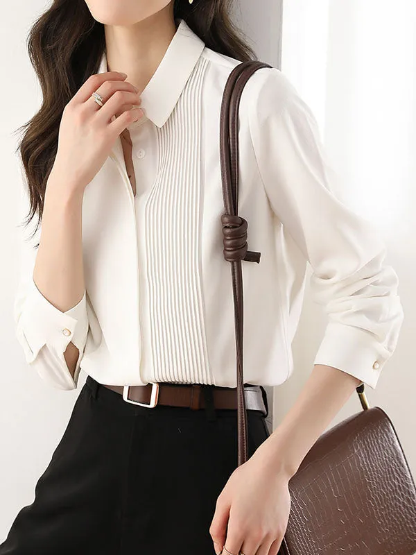 Long Sleeves Loose Buttoned Pleated Solid Color Lapel Blouses&Shirts Tops