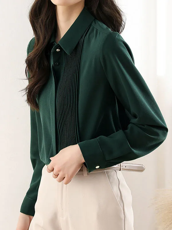 Long Sleeves Loose Buttoned Pleated Solid Color Lapel Blouses&Shirts Tops