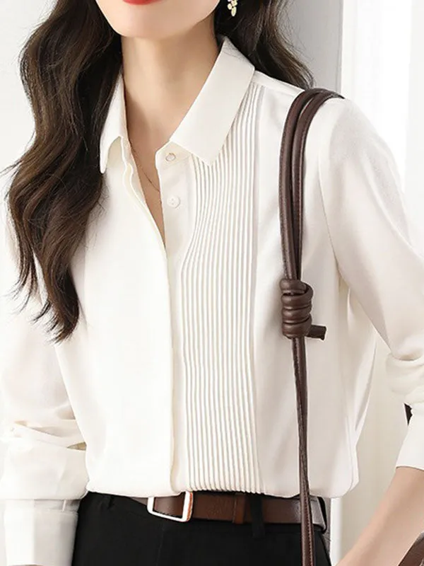 Long Sleeves Loose Buttoned Pleated Solid Color Lapel Blouses&Shirts Tops