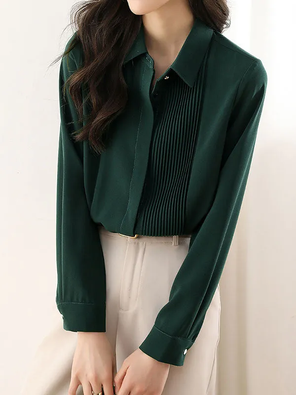 Long Sleeves Loose Buttoned Pleated Solid Color Lapel Blouses&Shirts Tops