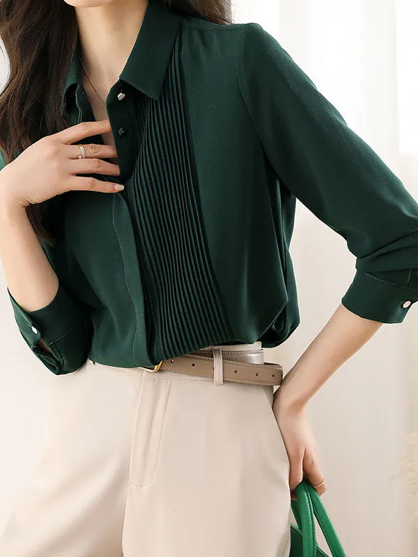 Long Sleeves Loose Buttoned Pleated Solid Color Lapel Blouses&Shirts Tops