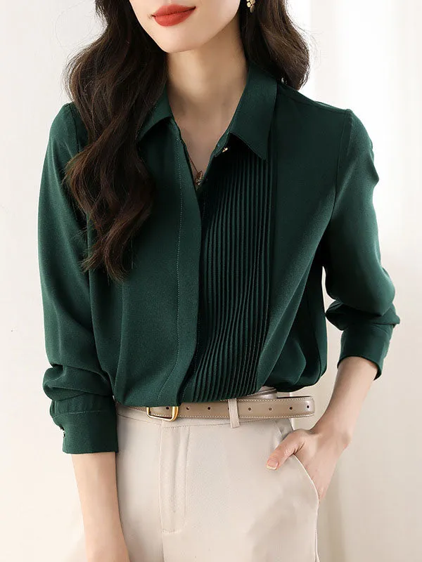 Long Sleeves Loose Buttoned Pleated Solid Color Lapel Blouses&Shirts Tops