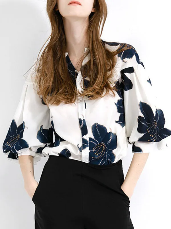 Loose Contrast Color Flower Print V-neck Blouses&shirts Tops