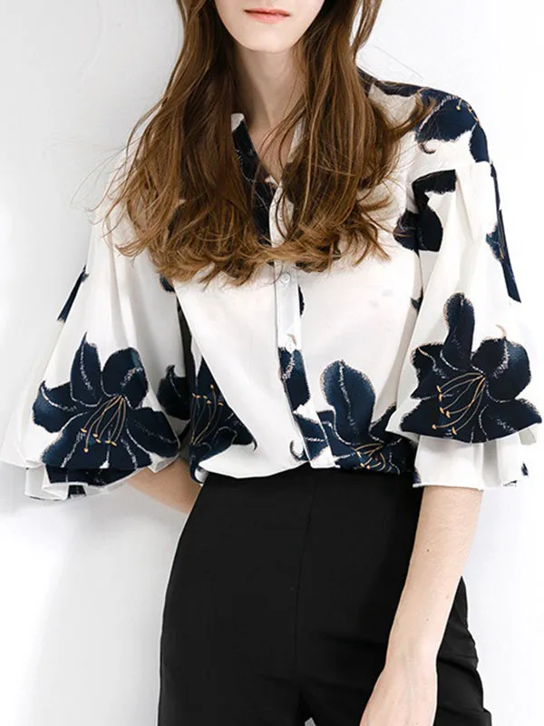 Loose Contrast Color Flower Print V-neck Blouses&shirts Tops