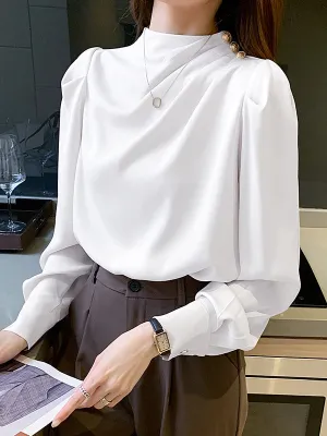 Loose Puff Sleeves Pleated Split-Joint High Neck Blouses&Shirts Tops