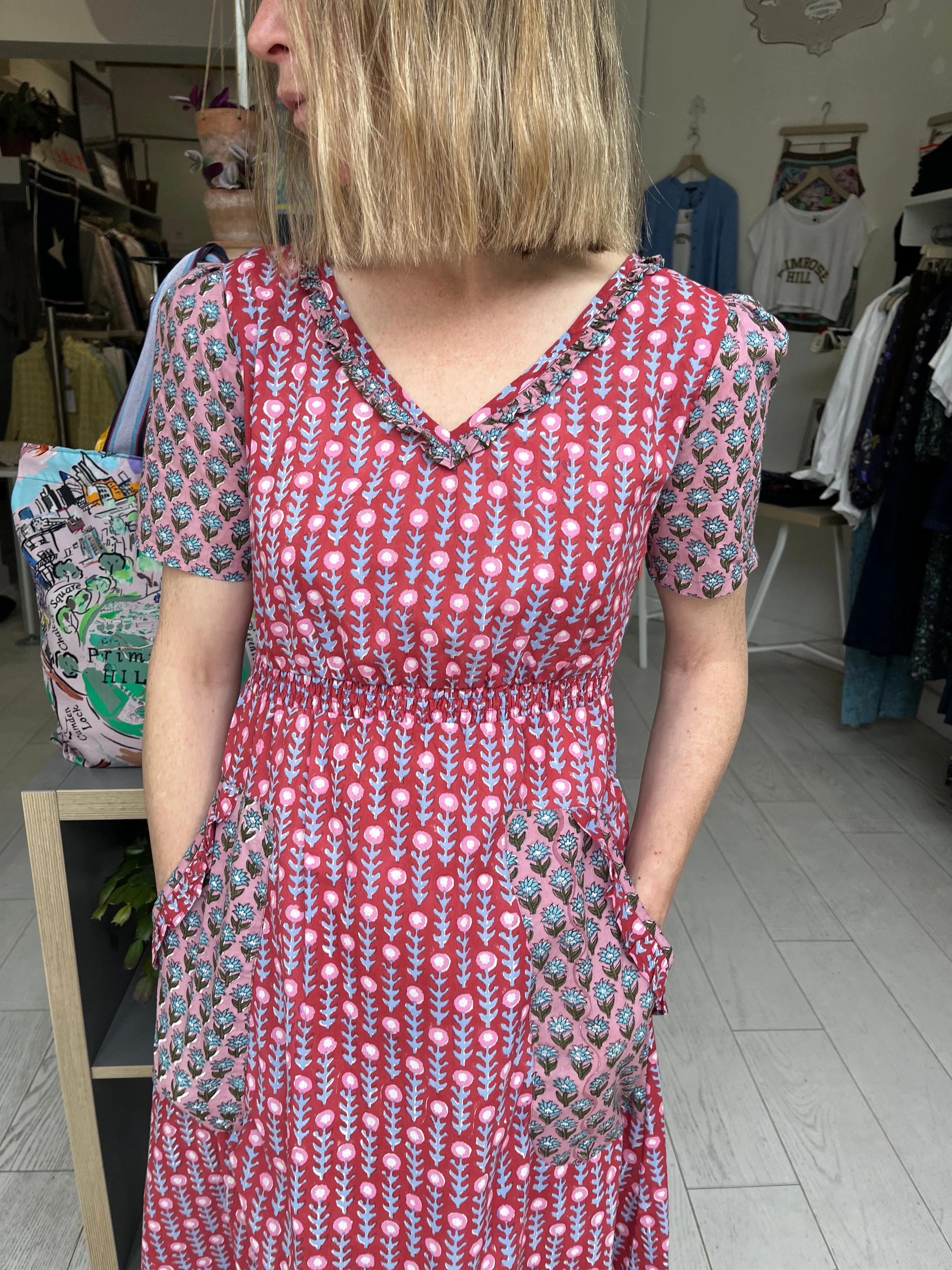 Maria Midi Dress In Red & Pink Woodblock Print