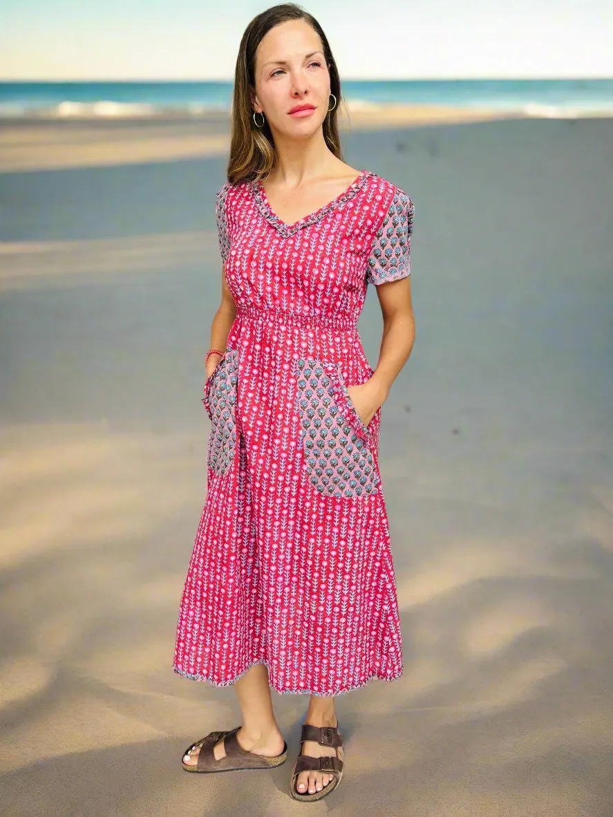 Maria Midi Dress In Red & Pink Woodblock Print