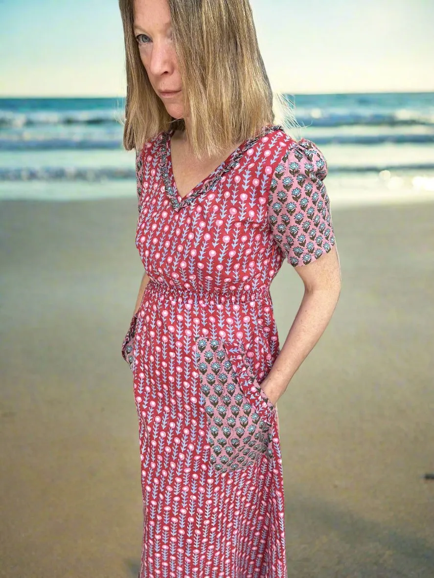 Maria Midi Dress In Red & Pink Woodblock Print